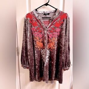 Andree Velvet Tunic with Red and Orange Embroidery